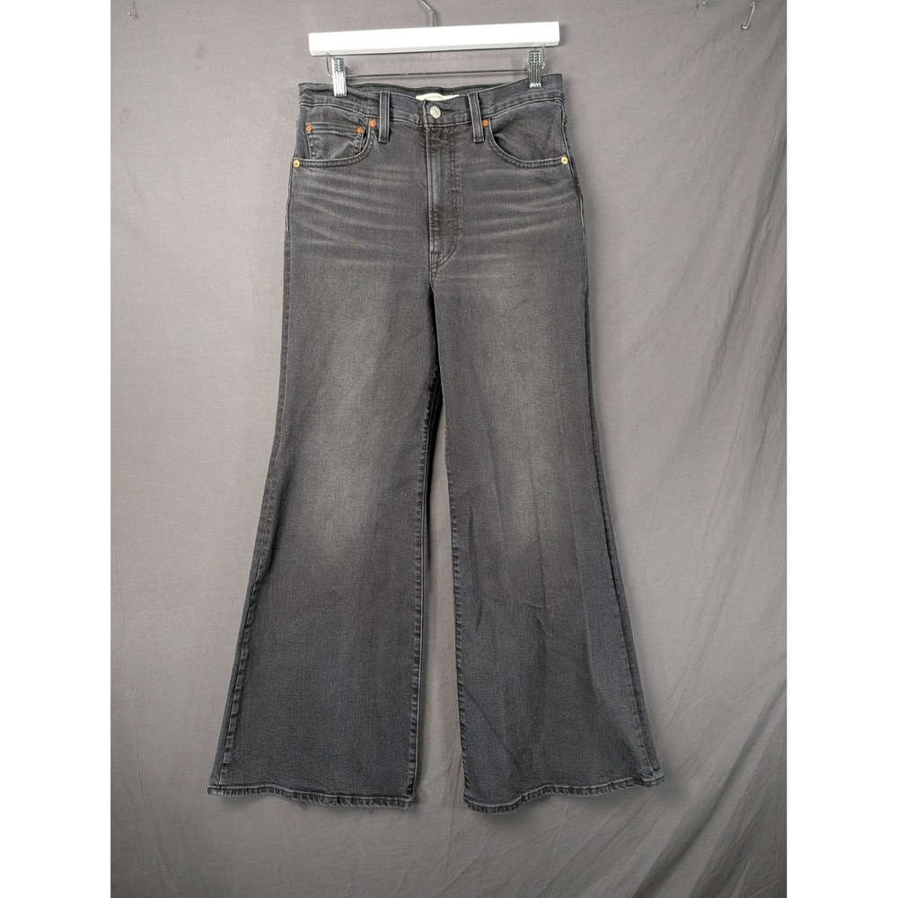Levi Ribcage Bell High Rise Flare Jeans Washed Black Gray Size 30